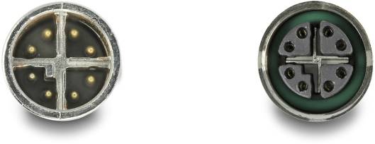 Zwei runde elektrische Stecker, einer links und einer rechts, mit mehreren kleinen Pins in einem Metallrahmen.