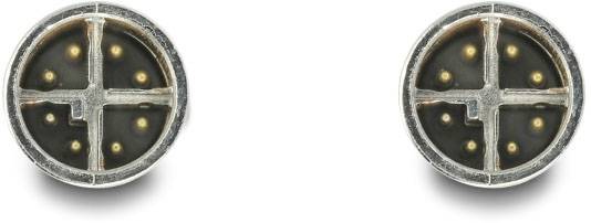 Zwei runde Ohrstecker mit kreuzförmigem Design und kleinen goldenen Punkten auf schwarzem Hintergrund.