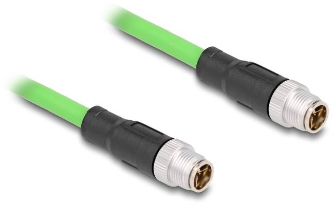 Grünes M12-Kabel mit schwarzen Steckverbindern an beiden Enden, geeignet für industrielle Anwendungen.