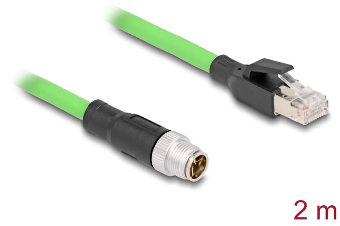 Ein grünes Netzwerkkabel mit zwei verschiedenen Steckertypen in Schwarz. Links ein rundes Metallsteckerende, rechts ein RJ45-Stecker. Aufschrift '2 m'.