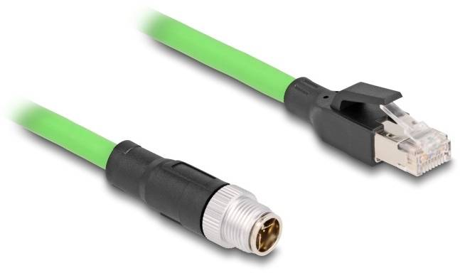 Grünes Ethernet-Kabel mit RJ45-Stecker links und einem Rundstecker rechts. Verwendet für industrielle Netzwerkverbindungen.