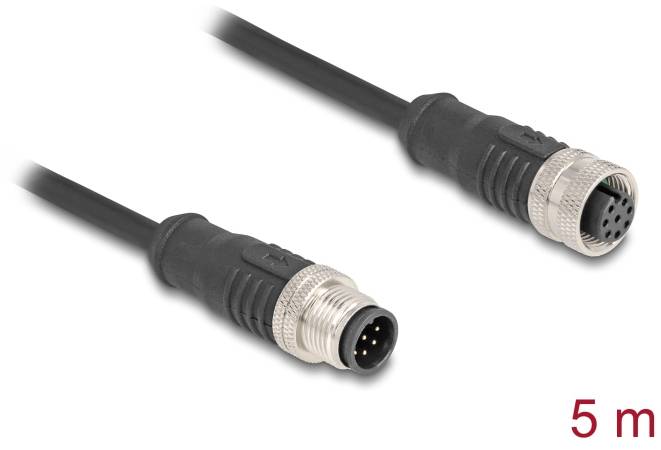 Schwarzes Kabel mit zwei Steckern, einer männlich und einer weiblich, beide mit Metallgewinde. Kabellänge: 5 Meter.