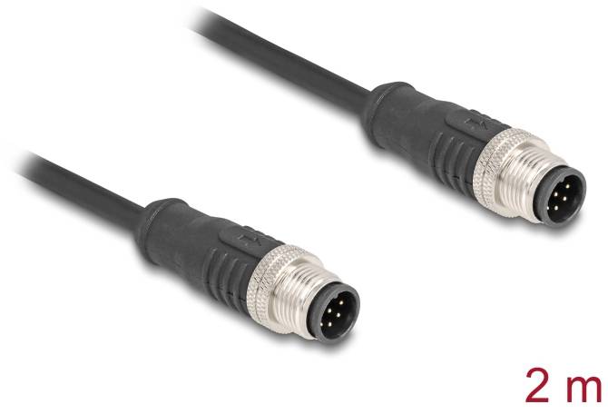 Ein 2-Meter-Kabel mit zwei M12-Steckverbindern, die für industrielle Anwendungen geeignet sind.