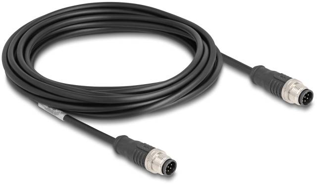 Schwarzes Kabel mit zwei Steckverbindern an den Enden. Die Anschlüsse sind rund und haben mehrere Pins.