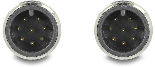 Zwei runde, silberfarbene Steckverbinder mit mehreren kleinen, goldenen Pins innen, nebeneinander auf weißem Hintergrund.