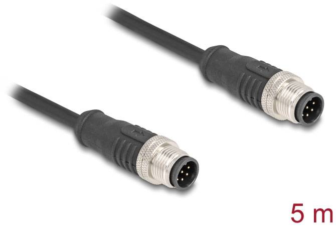 Zwei schwarze, fünfpolige M12-Steckverbinder an einem Kabel; Länge 5 Meter, geeignet für industrielle Anwendungen.