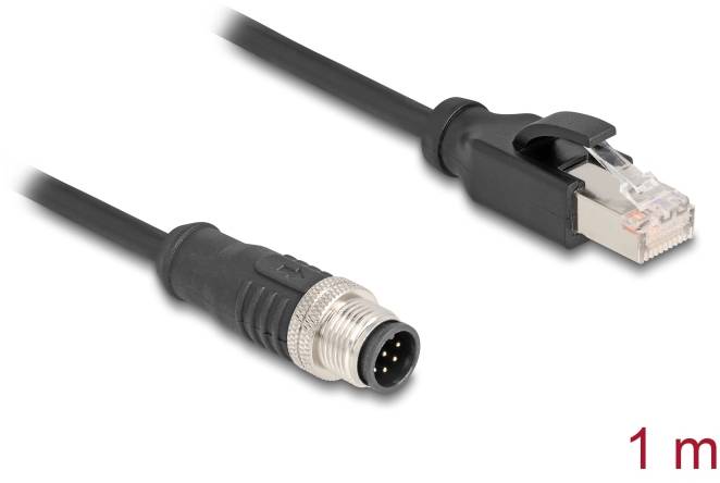 Netzwerkkabel mit RJ45- und M12-Stecker, 1 Meter Länge, schwarz. Verwendet für industrielle Netzwerkanwendungen.