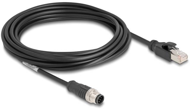 Schwarzes Kabel mit M8-Stecker und RJ45-Stecker, geeignet für industrielle Netzwerke und Verbindungen mit hoher Datenübertragungsrate.