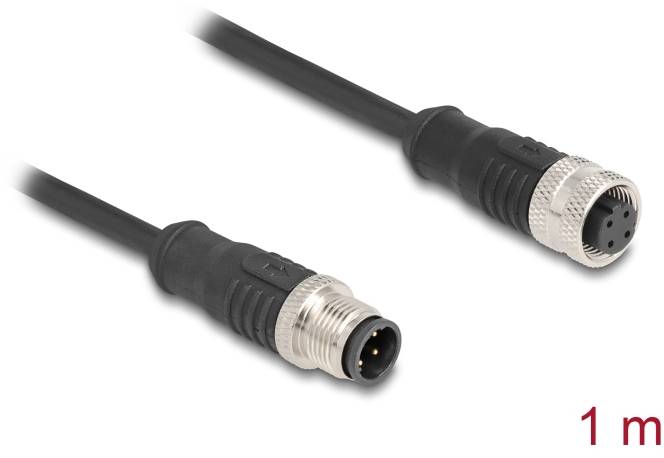 Kabel mit zwei Steckern, einer männlich und einer weiblich, mit Metall- und Kunststoffteilen. Länge: 1 Meter.