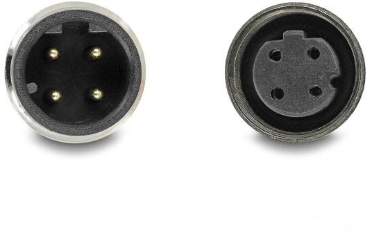 Ein männlicher und ein weiblicher XLR-Stecker, die zur Audioverbindung in professionellen Audio- und Bühnensystemen verwendet werden.