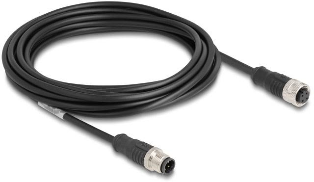 Ein langes schwarzes Kabel mit männlichem und weiblichem Steckverbinder, verwendet für elektronische Verbindungen.