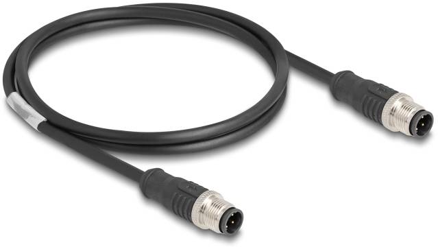 Schwarzes Kabel mit zwei metallischen Steckverbindern an den Enden, zeigt ein industrielles Anschlusskabel, typischerweise für Datenübertragung.