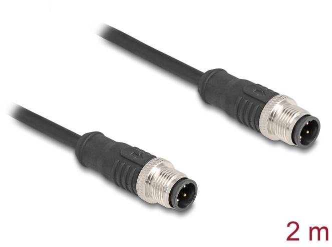 Zwei identische schwarze Kabel mit runden Metallsteckern an beiden Enden, Länge: 2 Meter.