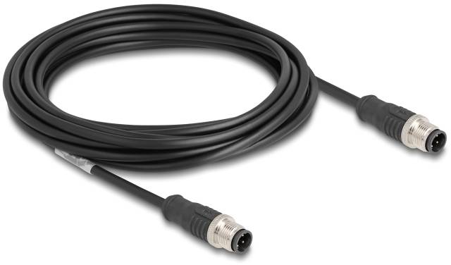 Ein schwarzes Kabel mit zwei runden Steckverbindern an den Enden, geeignet für industrielle oder technologische Anschlüsse.