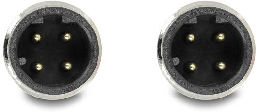 Zwei runde Stecker mit jeweils vier goldenen Kontakten, nebeneinander angeordnet. Sie sind für den Anschluss von elektronischen Geräten geeignet.
