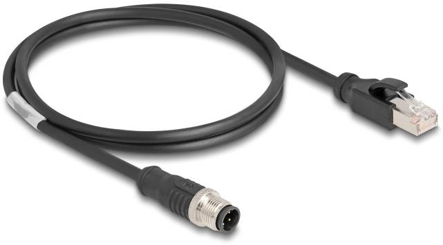 Schwarzes Kabel mit RJ45-Stecker auf der einen und M12-Stecker auf der anderen Seite, verwendet für industrielle Netzwerke.