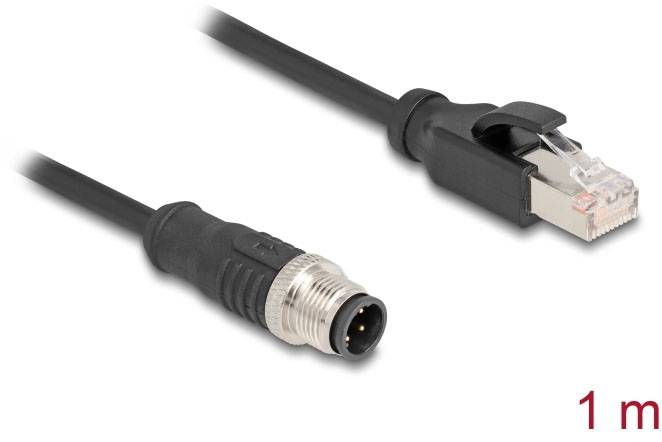 Schwarzes Verbindungskabel mit RJ45-Stecker und rundem Steckverbinder, Länge: 1 Meter.