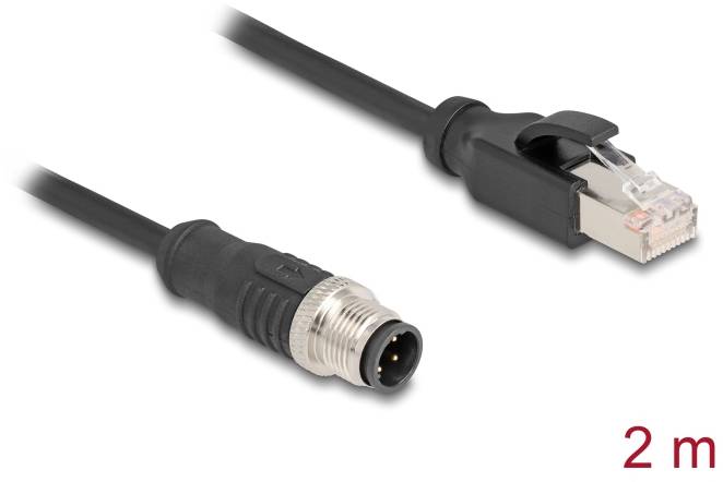 Ein 2 Meter langes Verbindungskabel mit einem RJ45-Stecker und einem Steckverbinder mit Metallgewinde.