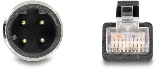Ein XLR-Stecker und ein RJ45-Stecker sind nebeneinander abgebildet. Der XLR-Stecker hat drei Pins, während der RJ45-Stecker acht Kupferkontakte aufweist.