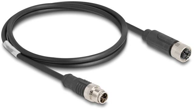 Auf dem Bild ist ein schwarzes Kabel mit zwei runden Steckverbindern an den Enden zu sehen, vor einem weißen Hintergrund.