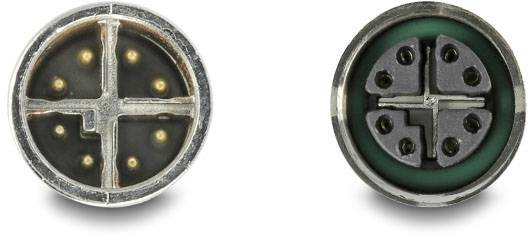 Zwei 6-polige elektrische Stecker, Nahaufnahme. Links sind die Steckkontakte sichtbar, rechts zeigt die Anordnung im Steckerinneren.