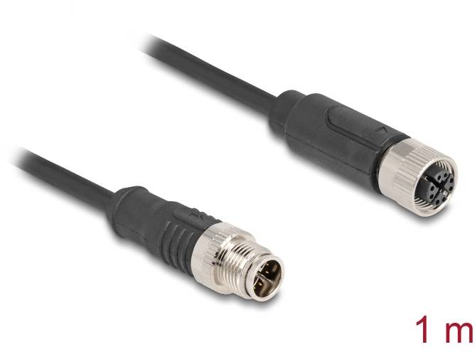 M12-Stecker und Buchse an einem 1-Meter-Kabel, geeignet für industrielle Verbindungen.