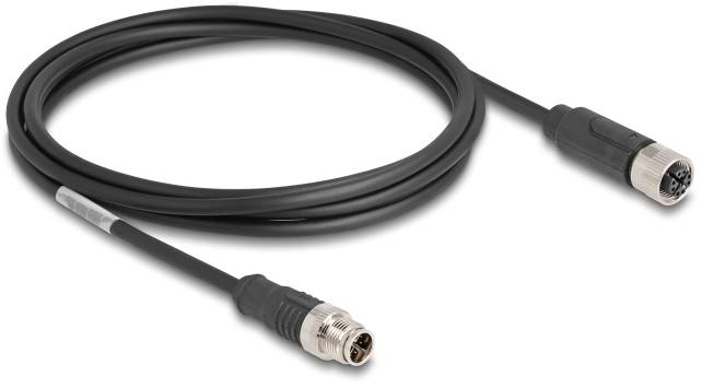 Schwarzes Datenkabel mit zwei runden Steckern an den Enden, geeignet für technische Verbindungen oder elektronische Geräte.