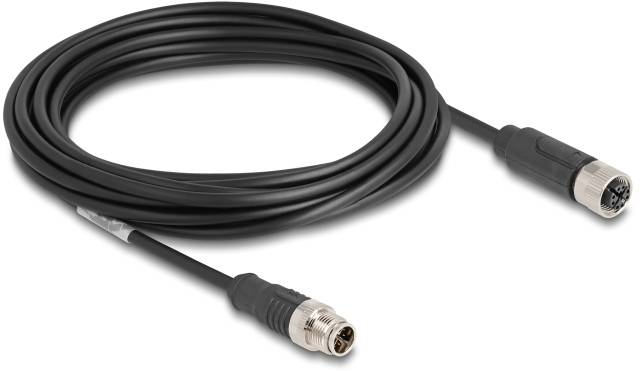 Ein langes, schwarzes Kabel mit männlichem und weiblichem M12-Stecker an den Enden. Geeignet für industrielle Anwendungen.