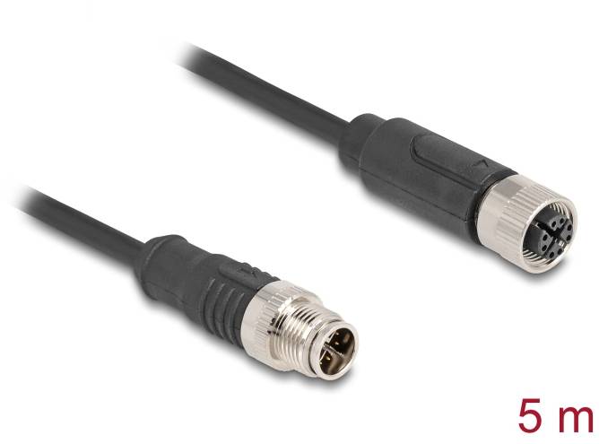 Schwarzes M12-Kabel, Stecker und Buchse, Länge 5 Meter. Geeignet für industrielle Anwendungen, Übertragung von Daten oder Strom.