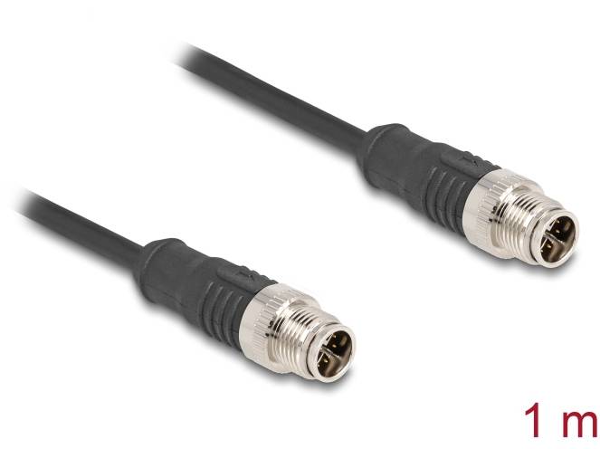 Zwei schwarze M12-Anschlusskabel, 1 Meter lang, für industrielle Anwendungen.