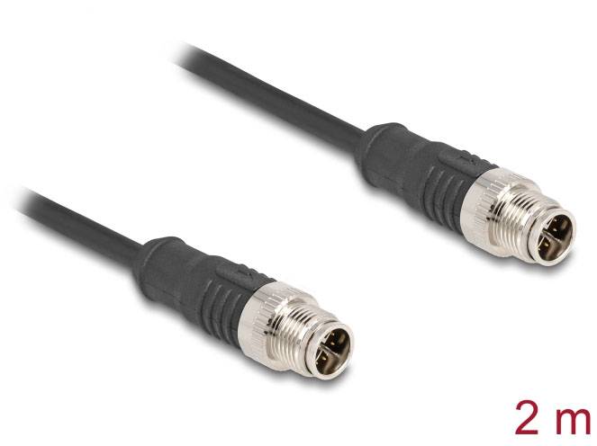 Zwei schwarz-silberne Kabel mit Steckern an beiden Enden, M12-Typ, Länge 2 Meter.