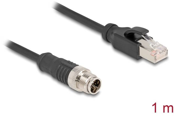 Netzwerkkabel mit RJ45- und M12-Stecker, schwarzes Kabel, Länge 1 Meter.