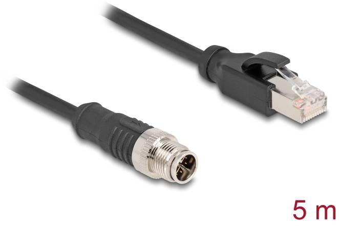 Schwarzes 5 m Verbindungskabel mit M12-Stecker und RJ45-Stecker, für industrielle Netzwerke geeignet.