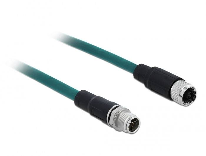 M8-Steckverbinder mit grünem Kabel, geeignet für industrielle Anwendungen und Sensorverkabelungen.
