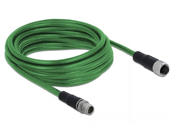 Grünes Kabel mit M12-Steckverbindern an beiden Enden; wird typischerweise für industrielle Netzwerke und Automatisierungsanwendungen verwendet.