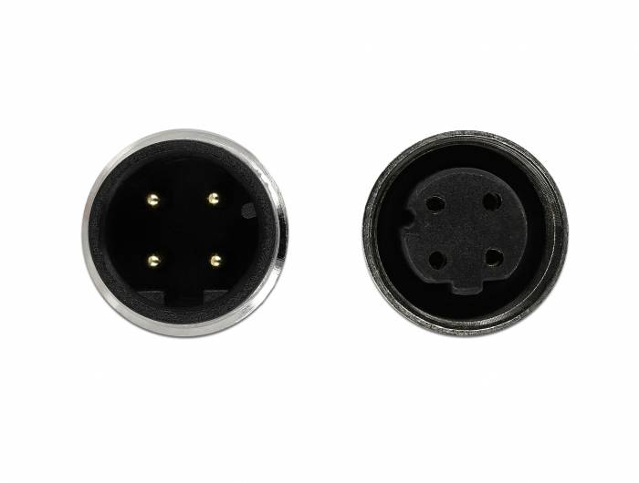 Zwei XLR-Stecker nebeneinander, links der männliche mit drei Pins, rechts der weibliche mit drei Löchern.
