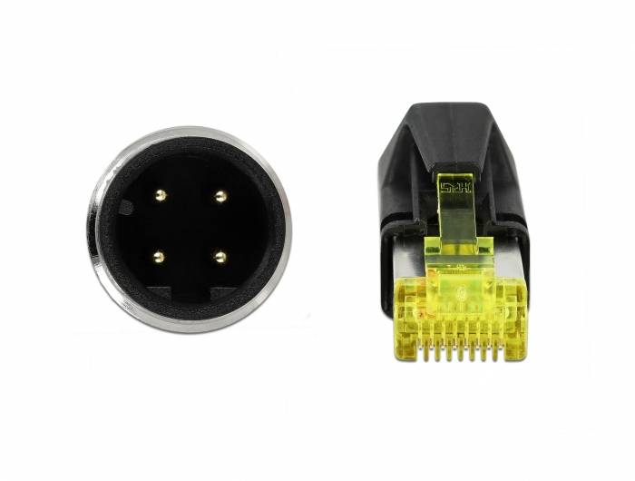 Ein runder, vierpoliger Stecker neben einem rechteckigen RJ45-Stecker. Beide dienen zur elektrischen Verbindung und Datenübertragung.