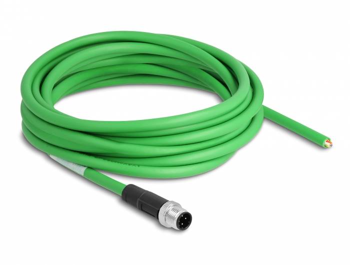 Grünes, langes Kabel mit einem runden Metallstecker und offenen Drahtenden, geeignet für elektrische Verbindungen.