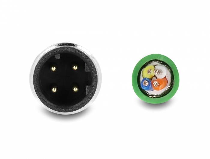 XLR-Stecker und Querschnitt eines symmetrischen Kabels: zeigt 4-poligen Anschluss und bunte Kupferadern im Kabelinneren.