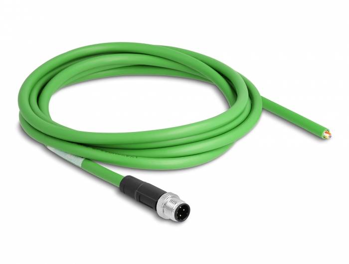 Grünes Kabel mit einem schwarzen Stecker an einem Ende, geeignet für industrielle Anwendungen.