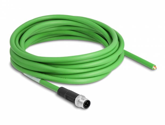 Grünes Kabel mit rundem Metallstecker an einem Ende, geeignet für industrielle Anwendungen.