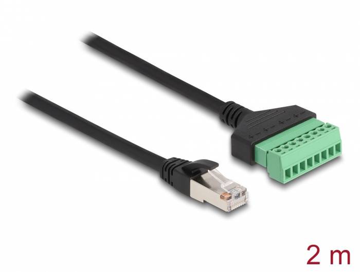 'Netzwerkkabel', 2 m lang, mit einem RJ45-Stecker und einem grünen Klemmenblock am anderen Ende.