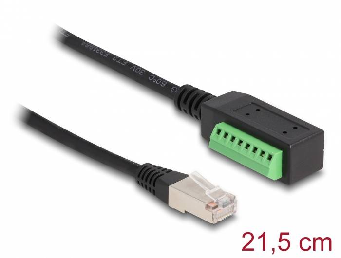 Ein schwarzes Kabel mit einem grünen Adapter auf der einen Seite und einem silbernen RJ45-Stecker auf der anderen Seite; Länge: 21,5 cm.