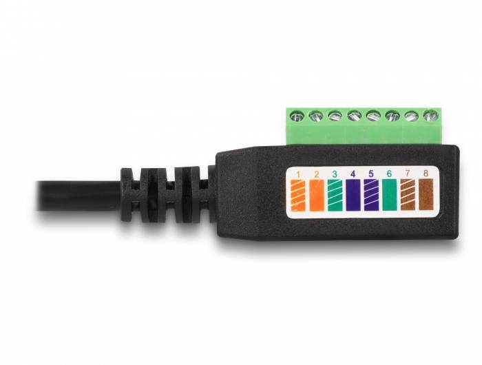 Adapterkabel mit Nummerierung von 1 bis 8 auf einer farbcodierten Skala, verbunden mit einem grünen Anschlussblock für elektrische Schaltungen.