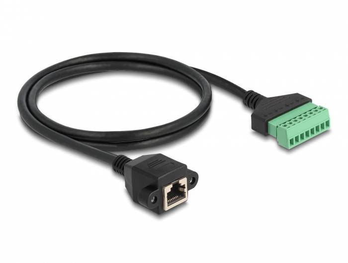 Schwarzes Kabel mit RJ45-Stecker auf der einen Seite und einem grünen, mehrpoligen Steckverbinder am anderen Ende, zur Datenübertragung.