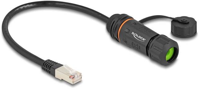 Ein wasserdichter Netzwerkkabelstecker mit RJ45-Anschluss und Verschlusskappe; ermöglicht geschützte Netzwerkverbindungen im Außenbereich.