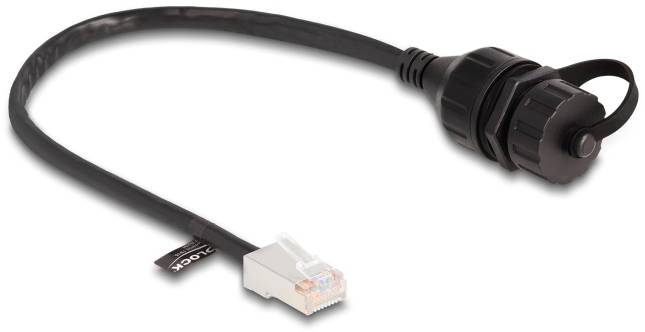 Ein schwarzes Netzwerkkabel mit einem RJ45-Stecker und einem wasserdichten Verschluss, geeignet für den Einsatz im Außenbereich.