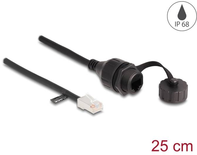 Wasserdichter RJ45-Adapter mit IP68-Schutzklasse und abnehmbarem Verschluss. Schwarzes Kabel, 25 cm lang.