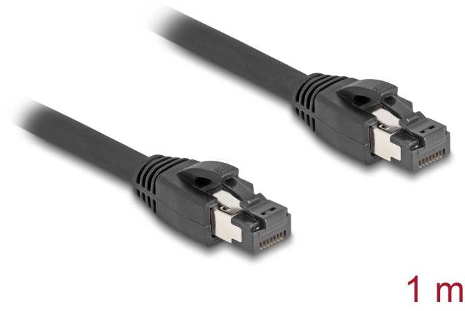 Ein schwarzes Ethernet-Kabel, 1 Meter lang, mit zwei RJ45-Steckern.