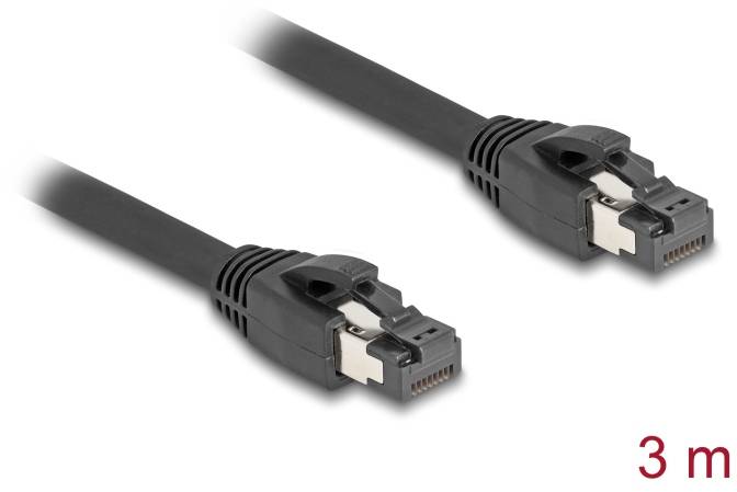 Zwei schwarze Ethernet-Kabel von 3 m Länge, jeweils mit RJ45-Steckern an den Enden, auf weißem Hintergrund abgebildet.
